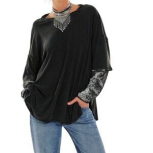 Free People Sequin Sleeve Black Top Large